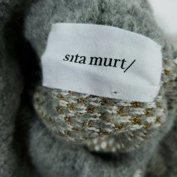 Sita Murt Womens Sweater One Size Geometric White Gray Gold Metallic Knit Poncho - Picture 7 of 7